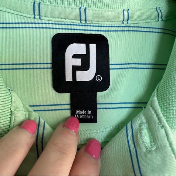 FJ FootJoy Mens Golf Polo Green With Blue Stripe Size Large Short Sleeve - Picture 5 of 8